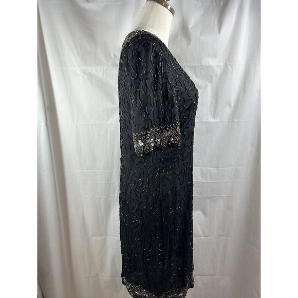 Stenay Black knee sheath dress gown gold bead pearl sequin size P6 VTG - Picture 5 of 11